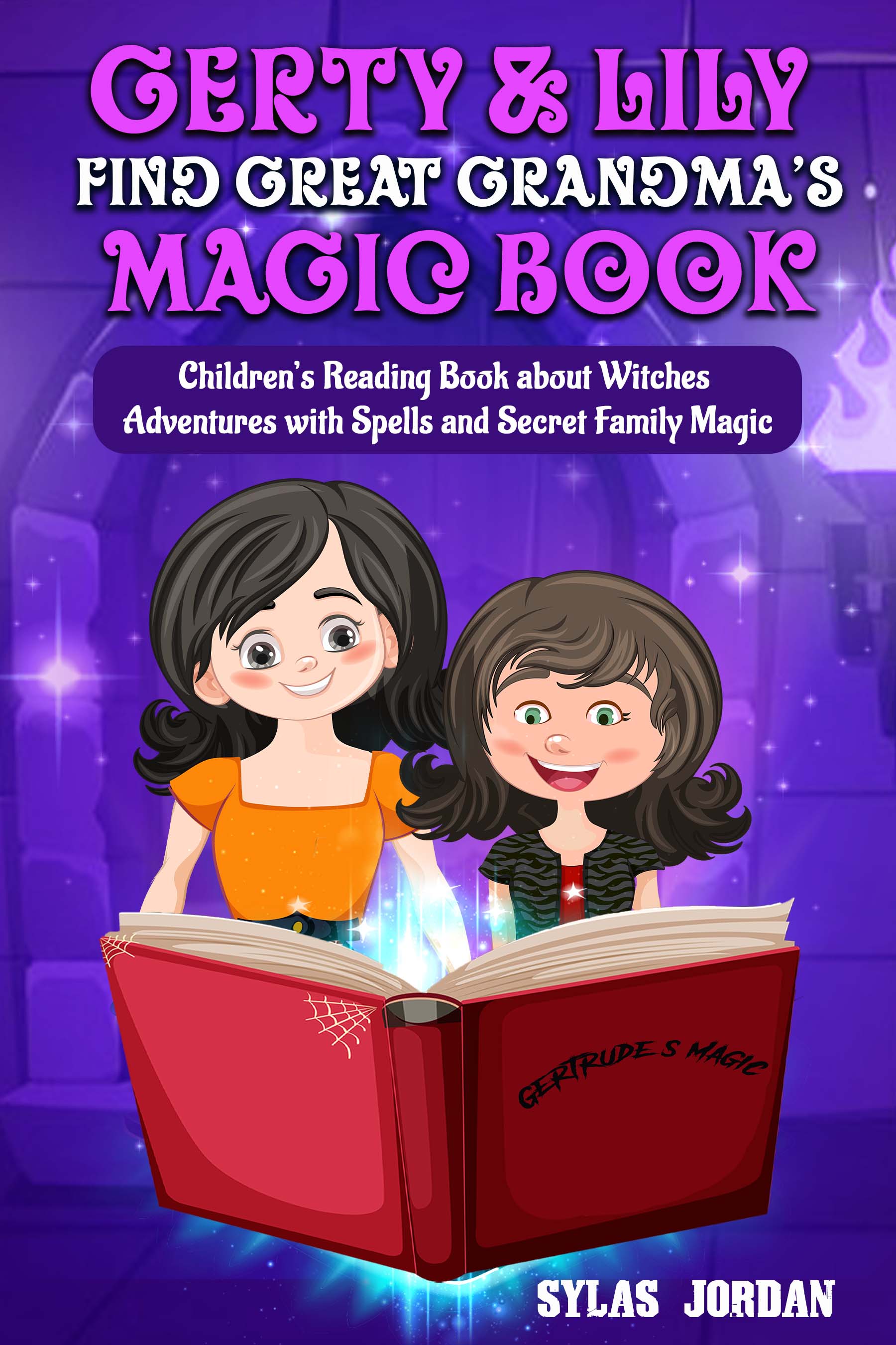 Gerty and Lily find great grandma's magic book has 2 girls in front of a hovering magic book