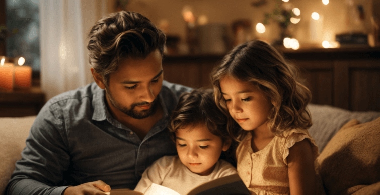 Dad reading with his son and daughter.