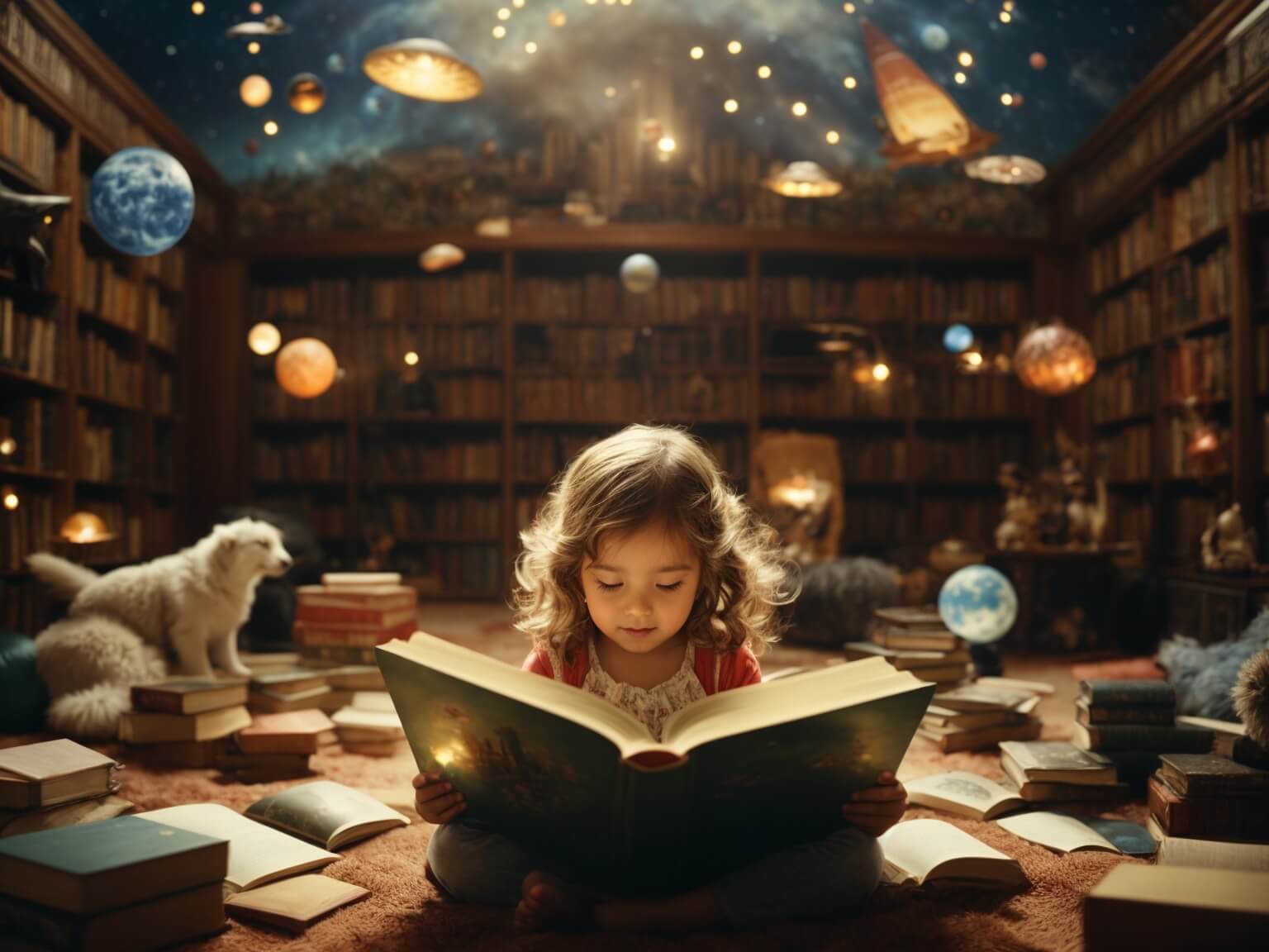 A child reading a book using her imagination.