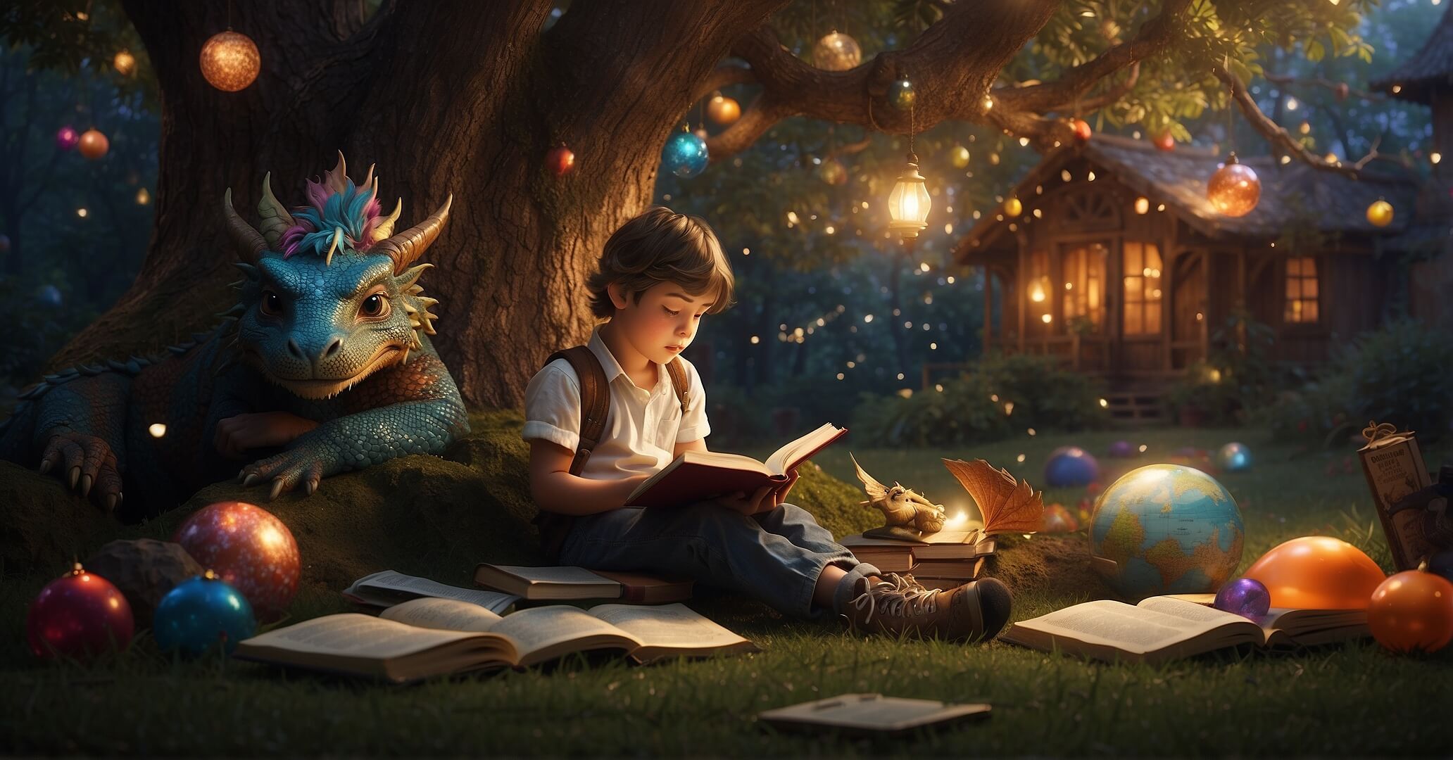 Child sitting under a tree engaging in reading and imagining